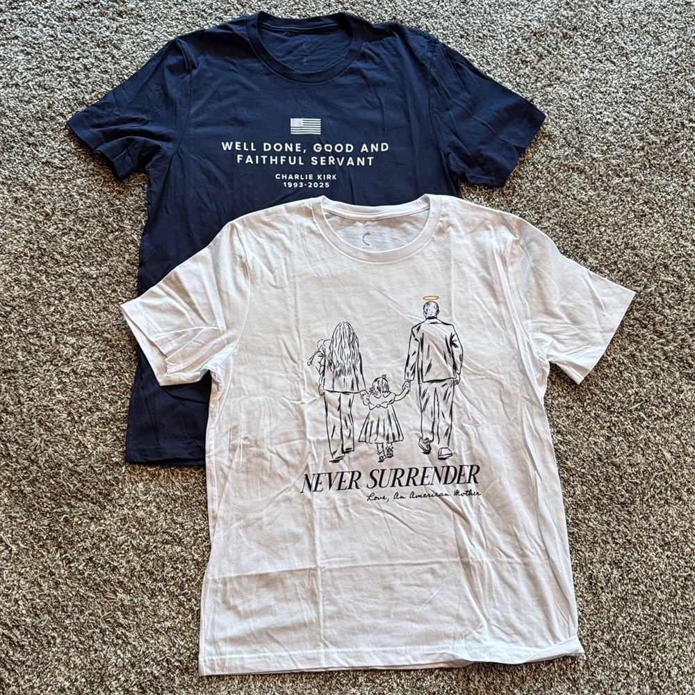 Never Surrender Charlie Kirk White/Navy  set of 2 Graphic Short Sleeve Tee